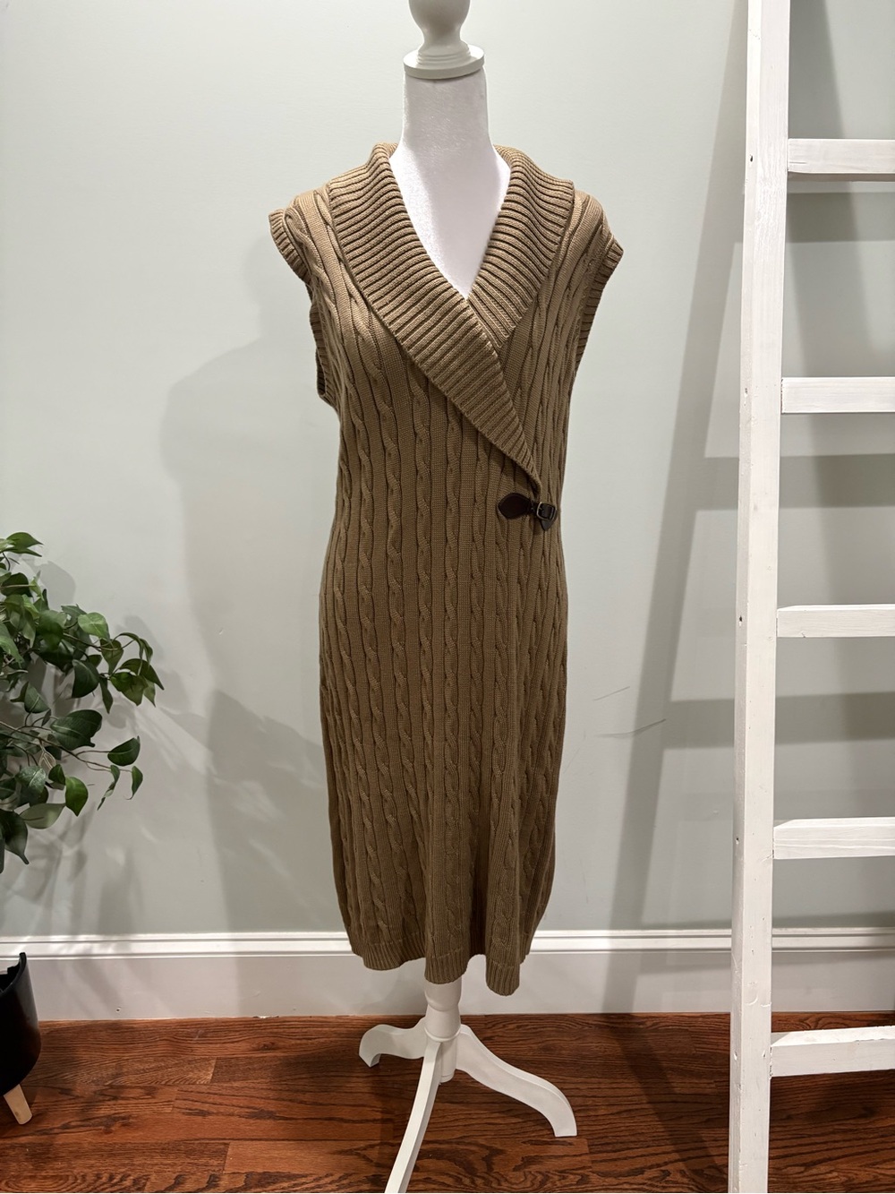 Calvin Klein Camel Cable-Knit Sleeveless Wrap Dress